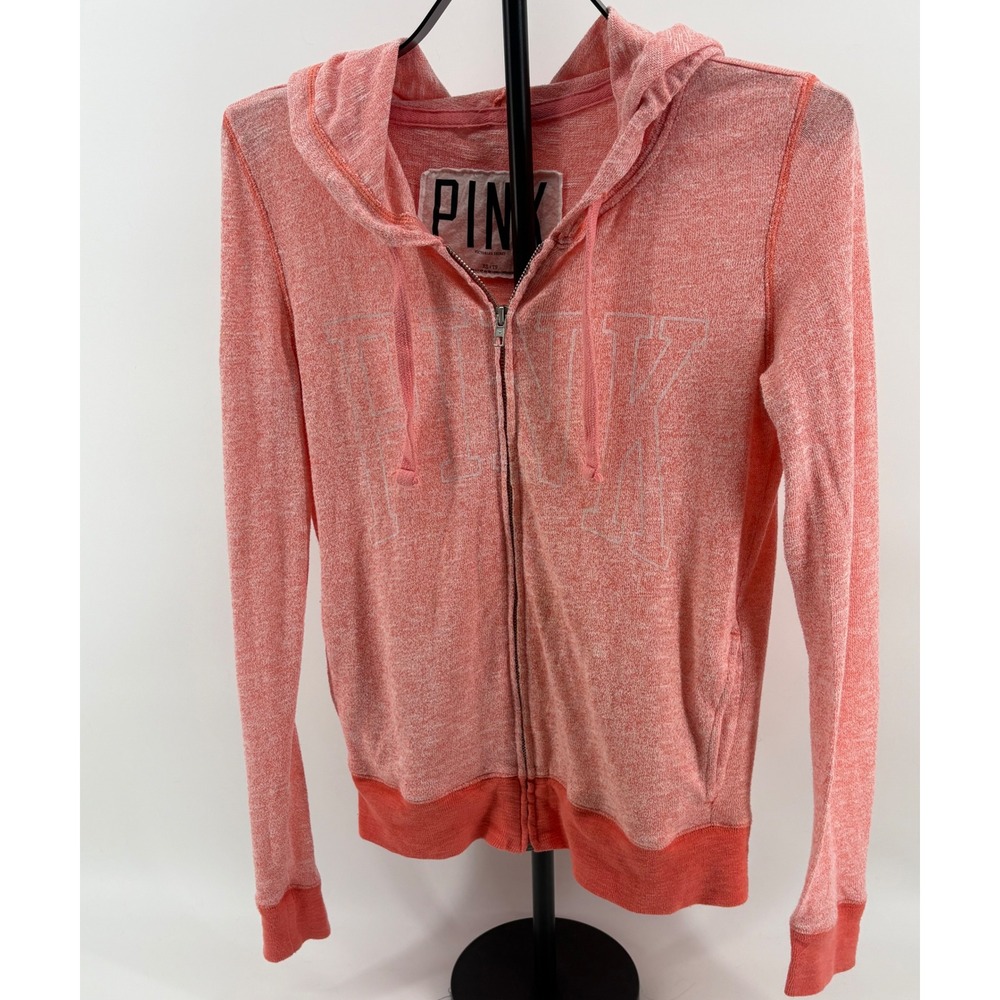 VS PINK Heathered Coral Full Zip Hoodie Sweatshirt White Logo XS Vintage Y2K
